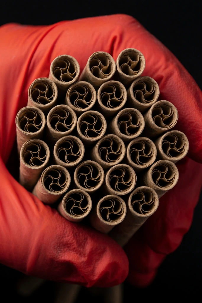 densely packed bundle of pre-rolled brown paper cones held by hands in vibrant red gloves, close-up looking directly into the open circular ends, intricate folded wavy filters inside each tube, stark black background, sharp macro photography, dramatic high-contrast studio lighting