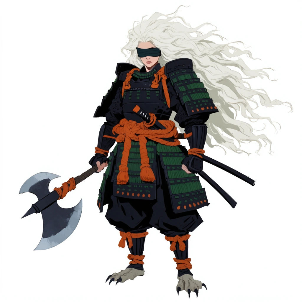 blindfolded fantasy warrior, wild white hair, dark samurai armor, green panels, thick orange ropes, holding double-bladed axe, clawed feet, flat cel-shaded digital illustration, white background