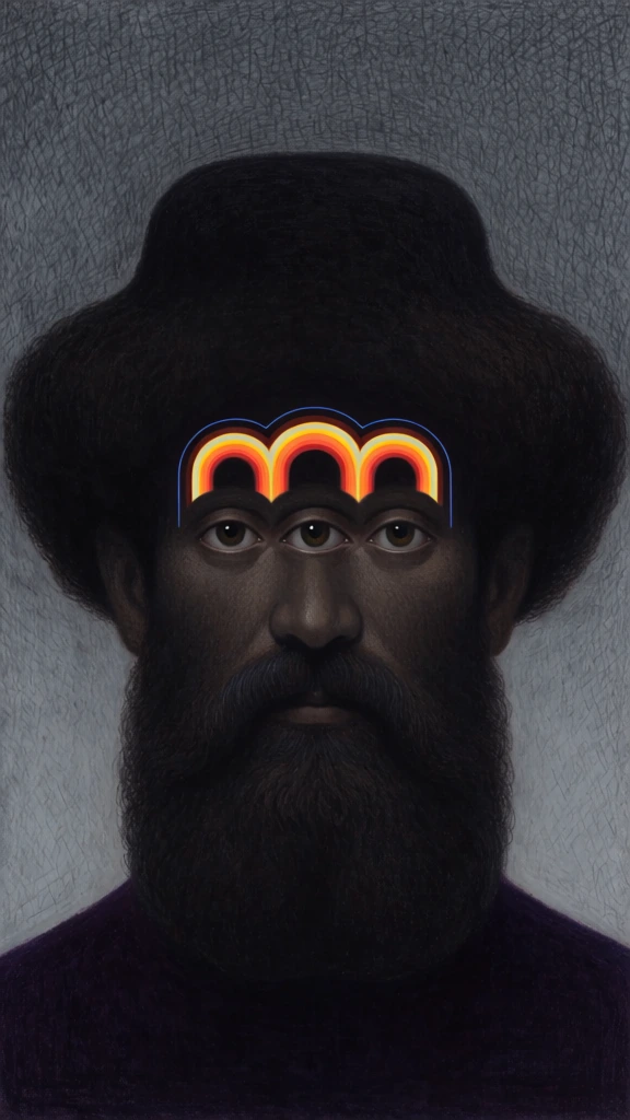 A surreal, dark-toned portrait features a bearded figure with a wide, voluminous head containing three eyes and a glowing, multi-colored arched pattern across the forehead, set against a textured gray background. The central figure has deep brown skin and a dense, dark beard that covers the lower half of the face. In the middle of the face, three detailed eyes are aligned horizontally, all looking directly forward at the viewer. Above these eyes, a series of three interconnected arches glows with vibrant layers of yellow, orange, and red, with thin blue lines defining the outer edges. The head is large and rounded, merging into a dark, mass-like shape that suggests both hair and a hat. At the bottom of the frame, the top of the figure's shoulders is visible, rendered in a deep, dark purple. The entire scene is set against a cool gray background characterized by dense, visible cross-hatched strokes that give it a rough, paper-like texture. The artistic style is figurative and surrealist, utilizing a low-key lighting scheme where the facial features emerge subtly from heavy shadows. The color palette is mostly monochromatic and dark, highlighting the small, bright spectrum of colors in the center of the forehead. The composition is a symmetrical, front-facing portrait with the subject centered in the frame.