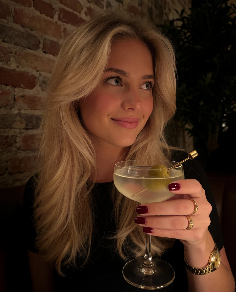 young woman with long voluminous blonde hair looking off-camera with a gentle smile, holding a clear cocktail in a coupe glass with a green olive on a gold pick, wearing a black top, dark red nail polish, gold rings, gold wrist watch, dimly lit interior setting, textured exposed brick wall background, dark leafy foliage, warm tungsten ambient lighting, soft shadows, shallow depth of field, low-light photography, rich warm color palette, close-up portrait framing