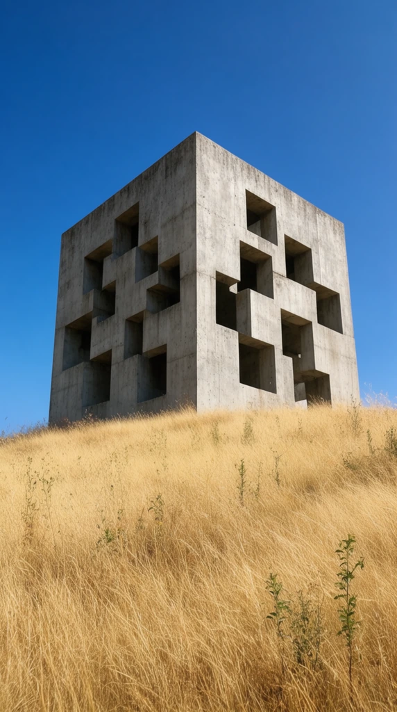 A monolithic brutalist concrete cube stands atop a rolling hill of dense, dry golden grass. The imposing structure features deep, staggered square cutouts across its raw, weathered facades, casting sharp geometric shadows. A low-angle perspective emphasizes the monolith's massive scale against a pristine, vibrant blue sky. Sparse green weeds punctuate the sunbaked meadow in the foreground. Bright sunlight highlights the stark contrast between the rigid architectural geometry and the organic, sweeping natural terrain.
