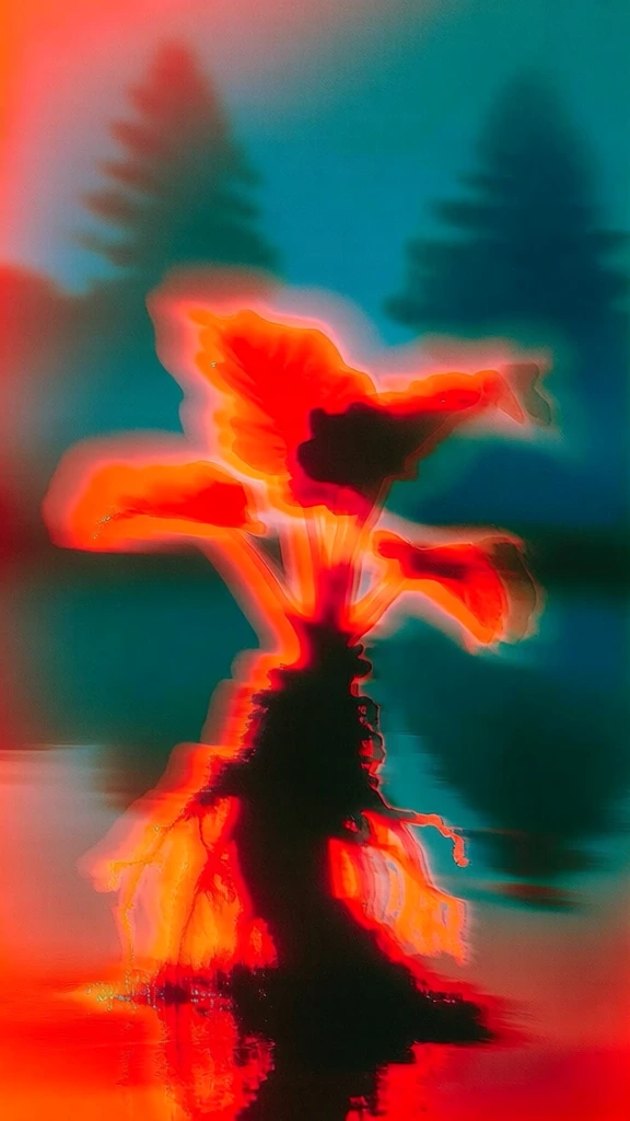 a single aquatic plant with intricate exposed roots emerging from dark water in the center, blurred forest trees in the background, long exposure motion blur, thermal imaging aesthetic, vibrant infrared color palette, glowing neon orange and red silhouettes, deep teal background, ethereal aura, hazy blooming light, soft focus, heavy film grain, chromatic aberration, multiple exposure ghosting, glowing outlines, high contrast, experimental photography style, atmospheric haze, noise texture.