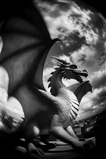 Distorted Monochrome Noir style reference image — dramatic low-angle perspective