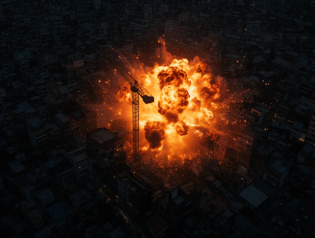 High-angle aerial view of a massive fiery explosion in a dense dark city at night, intense bright orange fireball erupting from a central site, glowing sparks scattering outward, silhouette of a tall construction crane amidst flames, tightly packed dark buildings surrounding the blast, stark contrast, cinematic lighting, wide shot, photorealistic