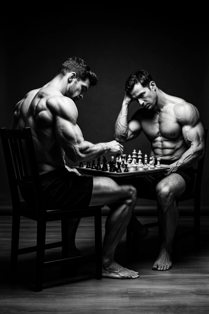 A stark, high-contrast black and white photograph captures two shirtless, highly muscular men engaged in a tense game of chess. The man on the left sits in profile, his sculpted back and arm muscles deeply highlighted by dramatic lighting as his hand hovers over the board. Opposite him, the second man faces forward, resting his head on one hand with a brooding, concentrated expression. Both barefoot men wear dark shorts and sit on simple dark wooden chairs, with the chessboard positioned between them over a smooth wooden floor. Deep shadows fall across a dark studio backdrop. The chiaroscuro lighting emphasizes the veins and physical anatomy of the figures, creating an intense, statuesque atmosphere.