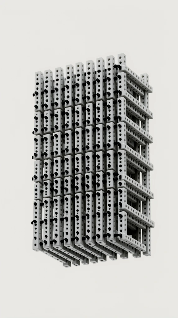 A dense, rectangular assemblage constructed from light gray modular building beams and black cylindrical connecting pins floating against a seamless off-white background. The structure features parallel layers of rectangular plastic pieces punctured with evenly spaced circular holes. Small black pegs interlock the layers, protruding from the flat surfaces to create a high-contrast stippled effect. Staggered vertically and horizontally, the beams form a complex, porous grid with deep shadows receding into the internal cavities. This monochromatic composition uses soft, directional studio lighting to emphasize the hard geometric edges and uniform texture of the structural components while plunging the recessed gaps into pure black.
