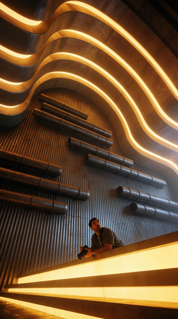 A man holding a camera leans on a brightly lit ledge, gazing upward into a cavernous futuristic interior. He is dwarfed by a towering corrugated metal wall studded with horizontal rows of cylindrical pipes. A massive undulating arched ceiling frames the space, ribbed with thick bands emitting a warm amber glow over stepped ledges below. Cinematic low-angle photography emphasizes monumental scale, contrasting cold dark metallics with vibrant yellow-orange illumination.
