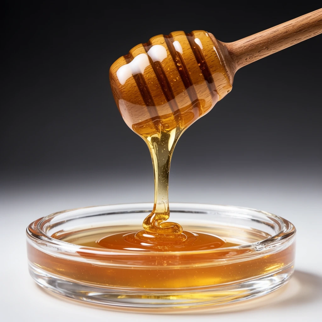 A continuous stream of glowing golden honey pours from a grooved wooden dipper into a clear shallow glass bowl. The wooden dipper, angled downward from the upper right, is coated in the thick, glossy amber liquid. The honey descends in a smooth, viscous ribbon, creating gentle circular ripples as it pools inside the thick-rimmed transparent dish. The setting is a minimalist studio environment featuring a smooth background gradient transitioning from deep charcoal gray at the top to a bright white surface below. Precise studio lighting casts sharp specular highlights and brilliant reflections across the sticky honey, carved wood, and curved glass. Captured with a macro food photography aesthetic emphasizing sharp focus, rich warm tones, and high-contrast textures.