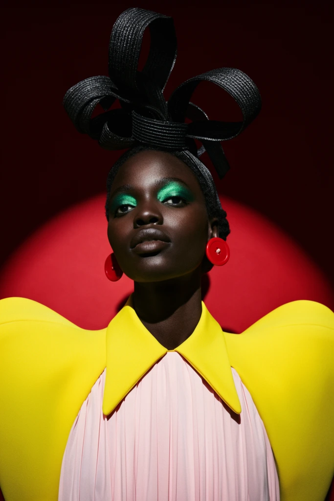 A high-fashion portrait of a dark-skinned woman wearing an architectural garment with exaggerated, bright yellow shoulder pads and a pointed collar over a pale pink pleated bodice. A sculptural black headpiece made of thick, looped textured ribbons crowns her head. Her striking makeup features metallic emerald green eyeshadow, complemented by large, round cherry-red button earrings. The scene is set against a deep red background illuminated by a sharp circular spotlight directly behind her, creating a dramatic halo. High-contrast studio lighting casts deep shadows across her neck and collar, emphasizing the rich color blocking, sculptural silhouette, and intense editorial aesthetic.