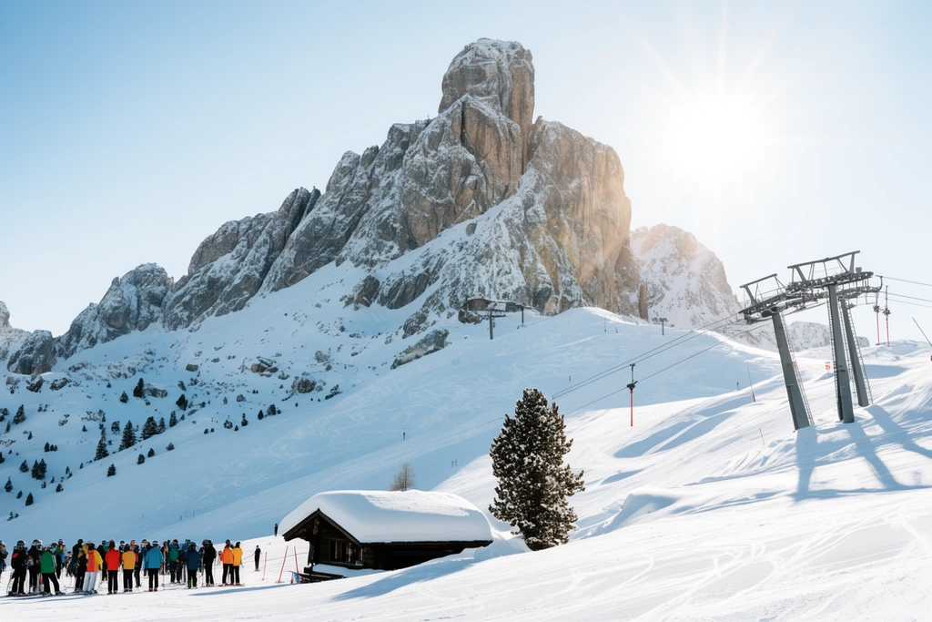 massive snow-covered rocky mountain peak towering over a winter ski resort, bright white slopes, group of skiers gathered on the lower left, metal ski lift towers ascending on the right, snow-roofed cabin beside a lone pine tree, bright sunlight, lens flare, crisp landscape photography