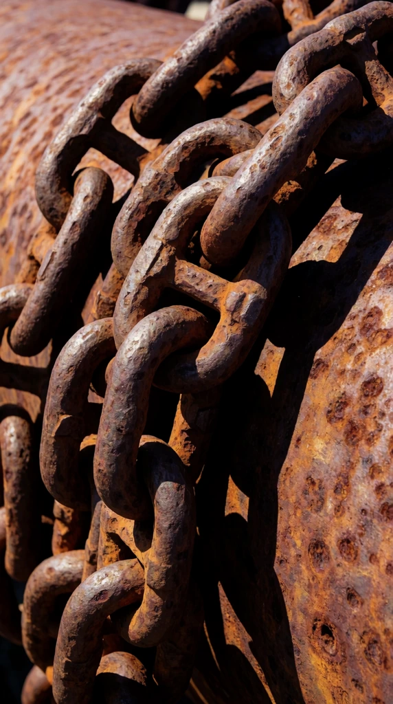 Thick, heavily oxidized iron chains wrap tightly around a massive rusted cylindrical structure. The interlocking oval links feature severely weathered, pitted textures coated in rich hues of burnt sienna, terracotta, and dark brown. Intense, direct sunlight strikes the curved metal, casting sharp, high-contrast black shadows deep into the overlapping crevices. Captured in a tight diagonal macro perspective, the composition emphasizes the rugged industrial materiality and tactile surface degradation of the decaying ironwork.