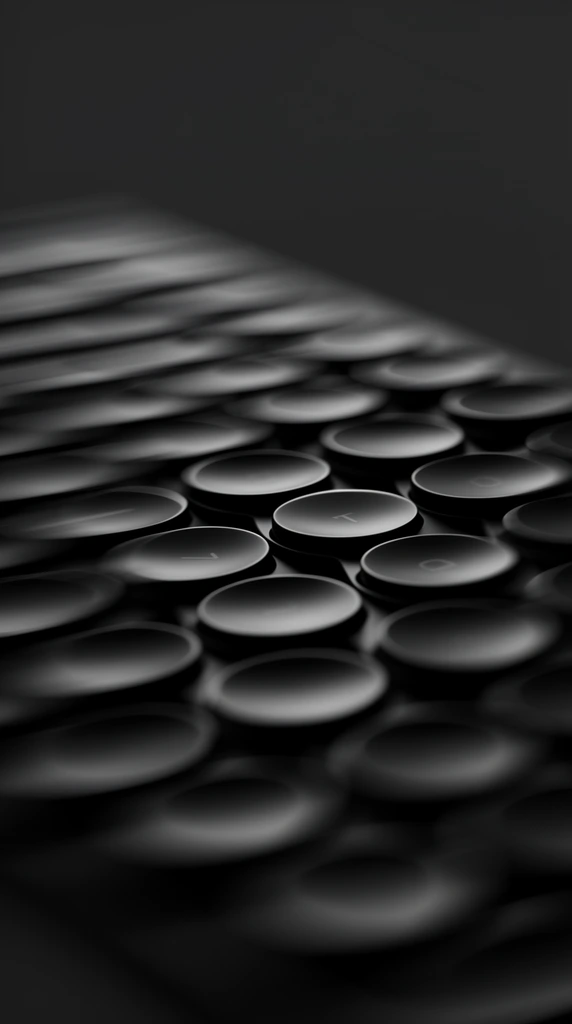 A close-up perspective of a matte black computer keyboard with circular indented keys. A sharp horizontal focal band crosses the center, while heavy motion blur obscures the surrounding rows, generating a dynamic sense of speed. Low-key lighting highlights the curved plastic contours against a seamless dark background, emphasizing a sleek, modern industrial design.