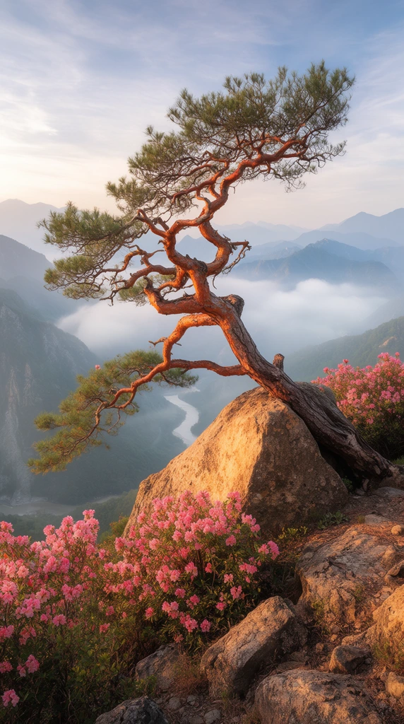 A gnarled pine tree with twisted reddish-brown branches grows diagonally from a sunlit boulder on a rocky ridge. Vibrant pink flowering shrubs cluster around the rough, dry rocks in the foreground. Beyond the ridge, a deep mountain valley is blanketed in thick white mist, partially revealing a winding river. Distant mountain peaks fade into soft, hazy blues under a pale sky streaked with thin clouds. Warm golden hour light heavily textures the tree bark and stone, contrasting sharply with the smooth atmospheric depth of this wide-angle landscape photograph.