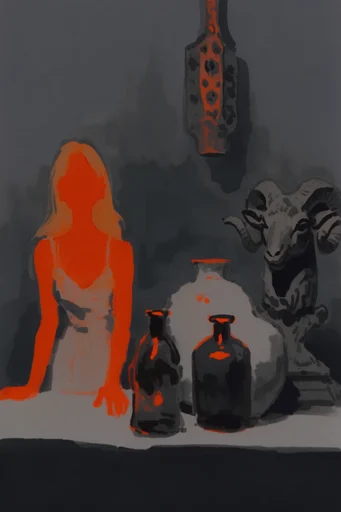 Luminous Chiaroscuro Noir style reference image — fiery orange and charcoal palette
