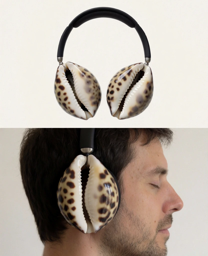 A vertical two-panel image features a pair of headphones with earcups fashioned from large cowrie shells, showcased both as an object and being worn by a person. In the upper panel, the headphones are presented against a plain, off-white background in a front-facing view. The headband is made of a matte black material with silver-colored metallic hinges connecting it to the earcups. Instead of traditional padded cushions, two large, polished cowrie shells serve as the earcups, with their characteristic narrow, toothed openings facing inward. The shells are a mottled cream and dark brown, with dense, irregular spotting across their smooth, glossy surfaces. The lower panel shows a close-up profile view of a man with short, dark brown hair and a light goatee, his eyes closed in a serene expression. He wears the shell headphones over his right ear, demonstrating how the bulbous, leopard-spotted shell rests against the side of his head. The silver hinge and black headband contrast with his skin and hair. The lighting is soft and diffused from the front, creating a bright, minimalist aesthetic with a color palette dominated by neutral whites, blacks, and the warm browns of the shells. The composition is straightforward, focusing on the surreal and artistic nature of the modified headphones.