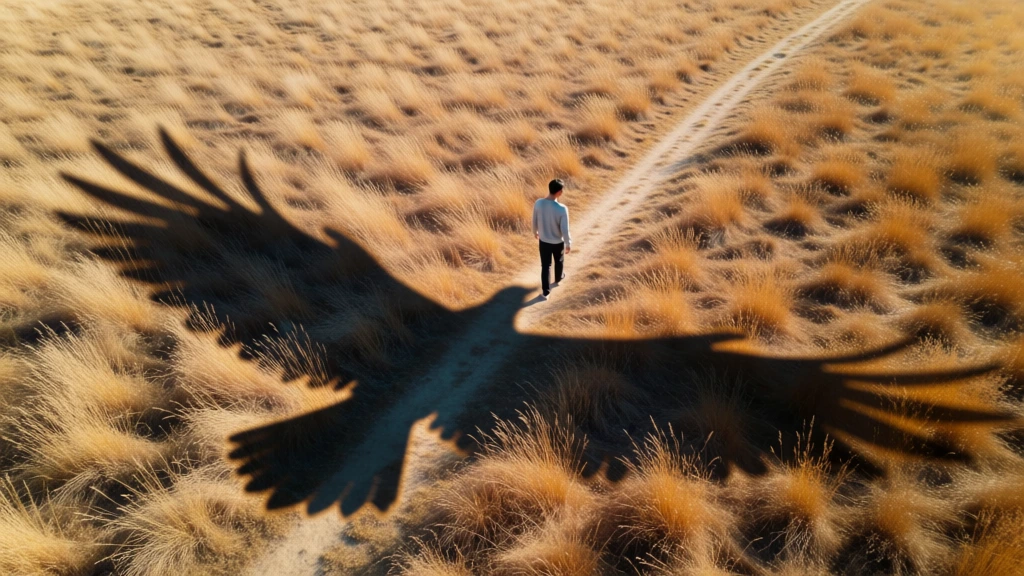 A lone person walks along a pale dirt path through a vast field of dry golden grass, while an enormous bird-shaped shadow stretches across the land below, creating a surreal and cinematic scene that feels both peaceful and uncanny. aerial photography, high-angle drone shot, surreal landscape image, conceptual fine art photography, cinematic realism, minimalist composition, poetic, dreamlike, solitary, mysterious, quiet, contemplative, visually medium-complex, strong graphic shapes, land-art illusion, visually adjacent to Gregory Crewdson, Alex Strohl, Brooke DiDonato, warm ochre and amber palette, muted tan, dark charcoal shadow, soft olive undertones, golden hour lighting, low sun, high contrast between lit grass and deep shadow, crisp detail, natural texture emphasis, likely telephoto or moderately compressed aerial perspective, sharp focus, no visible motion blur, no obvious noise, no visible lens distortion, no text, no borders, no watermark. The entire frame is filled with undulating dry grassland, dense and wind-brushed, colored in sunlit shades of wheat, honey, and toasted brown. Running from near the upper center toward the middle-right is a narrow, light beige footpath worn into the grass. On this path, slightly above center and a little right of the vertical midpoint, a single human figure walks away from the camera. The person appears small compared to the landscape, likely an adult, wearing a light gray or pale blue long-sleeved top and dark pants, with short dark hair; their body is upright, mid-step, arms relaxed, facing toward the upper right. Extending from the figure diagonally down and left across the center of the frame is a huge dark shadow shaped uncannily like a bird in flight. The shadow’s widest section spans the middle of the image like outstretched wings, with ragged feather-like edges formed by the grass texture. Its central body aligns beneath the walker, visually implying the person may be casting or inhabiting it. The lower left quadrant contains the tapering end of the shadow, suggestive of a tail or trailing body. Bright sun catches the tops of the grass everywhere outside the shadow, making the contrast especially dramatic along the shadow’s edges. No sky, buildings, or other people are visible; the image is entirely earth, grass, path, person, and shadow.
