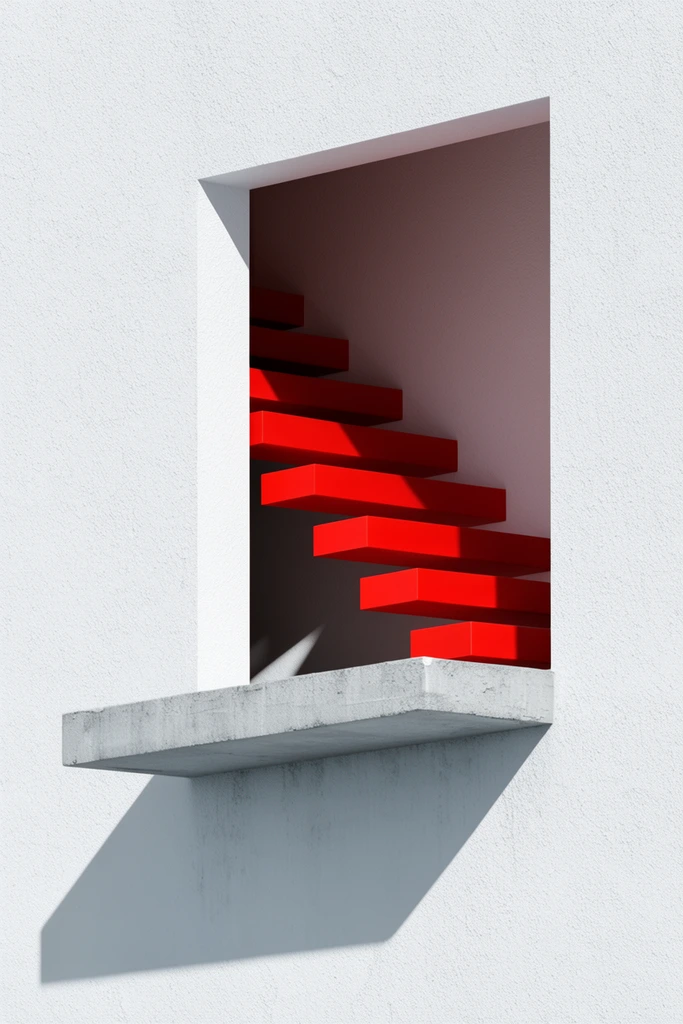 minimalist architecture, stark white textured wall with a rectangular opening, bright red floating zigzag staircase inside, sharp geometric shadows, protruding concrete ledge, harsh sunlight, high contrast