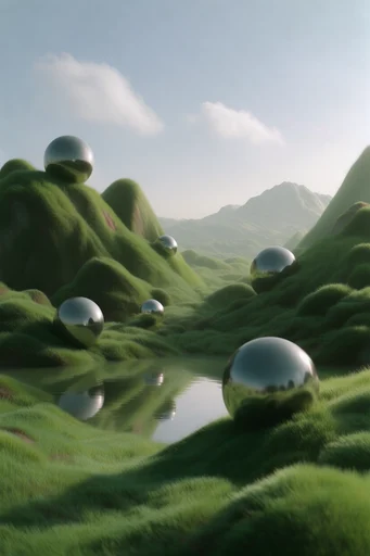 Minimalist Eco Surrealism style reference image — pristine pastoral landscape