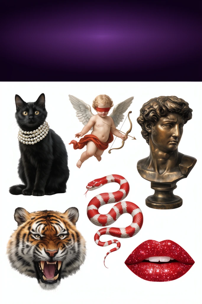 isolated eclectic illustration motifs on a stark white background beneath a dark purple gradient banner, black cat wearing a pearl necklace, blindfolded winged cherub holding a bow, classical bronze bust, red and white coiled snake, roaring tiger head, sparkling red lips, detailed digital art