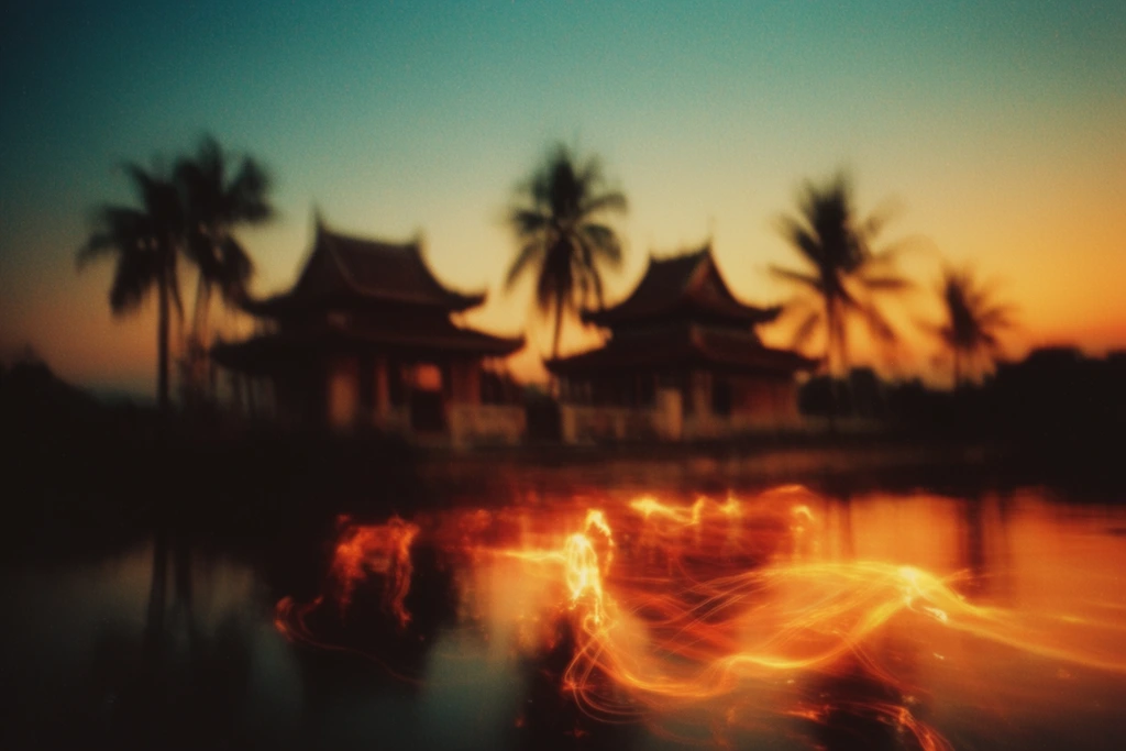 Traditional Asian buildings with curved roofs and tall palm trees stand as heavily blurred, dark silhouettes along a waterfront, reflecting in the foreground water. The architectural and botanical shapes contrast sharply against a smooth twilight sky gradient that transitions from deep teal at the upper edge to a vibrant golden-orange at the horizon. The dark foreground water surface features intensely glowing, fiery orange and bright yellow light trails that streak, smear, and warp in a fluid, long-exposure light-painting effect. Extreme motion blur obscures sharp details, rendering the landscape in a hazy, ethereal soft focus. The composition is unified by a pronounced analog film grain, deep shadows, and a warm, high-contrast vintage photographic aesthetic that transforms the waterside scene and its luminous reflections into an abstract composition of color and light.