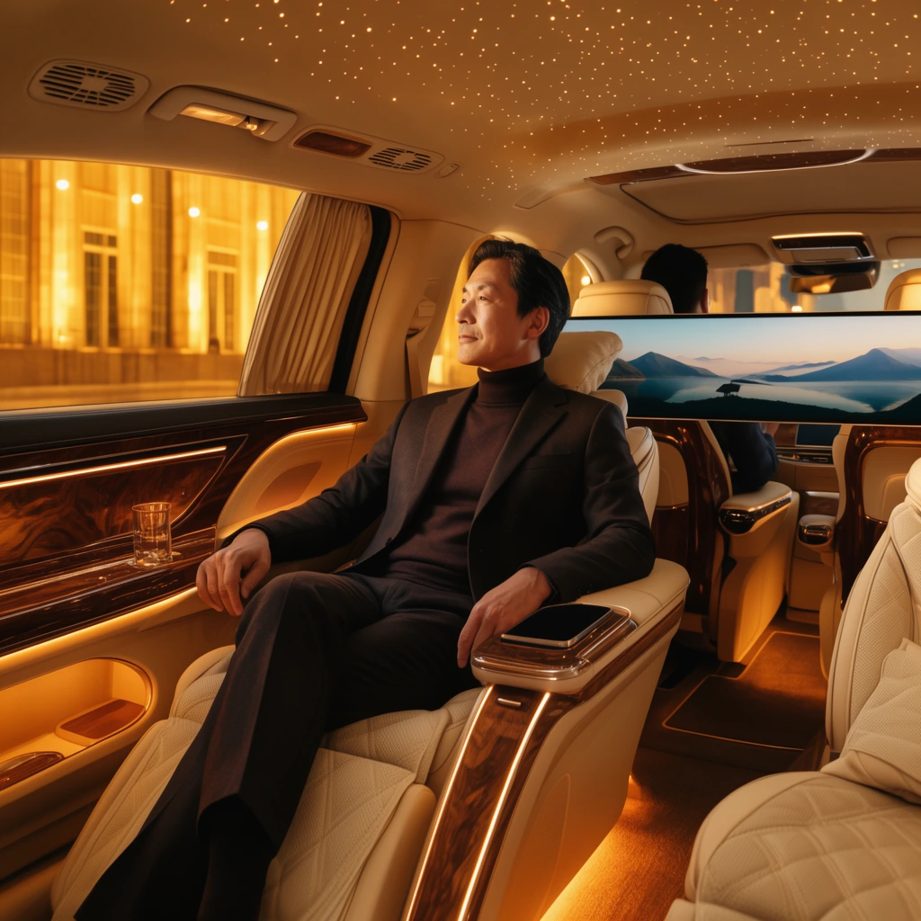 A mature Asian executive in a dark suit and turtleneck relaxes in the opulent rear cabin of a luxury vehicle, gazing thoughtfully out the window at a golden-lit building. The plush interior features quilted cream leather reclining seats, polished wood paneling, warm amber ambient lighting, and a twinkling starlight ceiling. A wide panoramic screen behind the front seat displays a tranquil mountain landscape. The driver is partially visible in the front. The high-end commercial photography employs a cinematic palette of gold, cream, and deep brown, utilizing soft lighting to emphasize premium textures and a serene atmosphere.