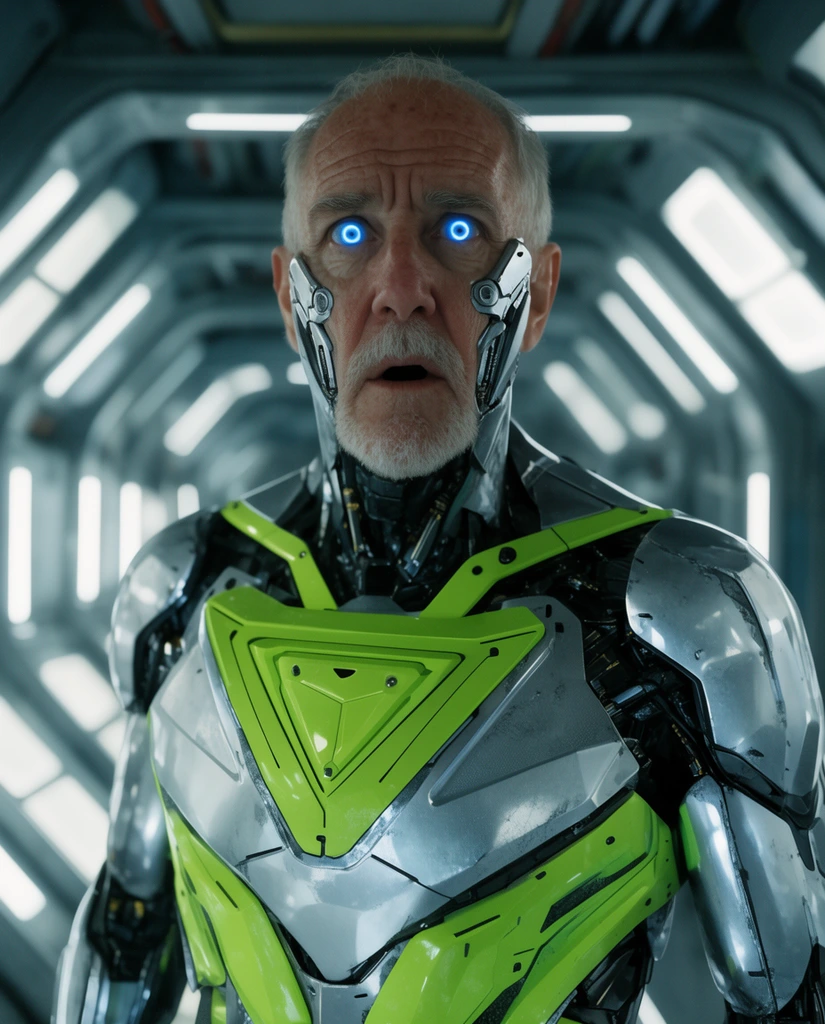 An older cyborg with metallic cheek plating and glowing blue eyes stares in surprise. He wears a sleek silver and neon green armored suit featuring a geometric triangular chest plate. Shot in medium close-up inside a futuristic spacecraft corridor with glowing hexagonal wall panels. Cinematic lighting highlights his textured armor.
