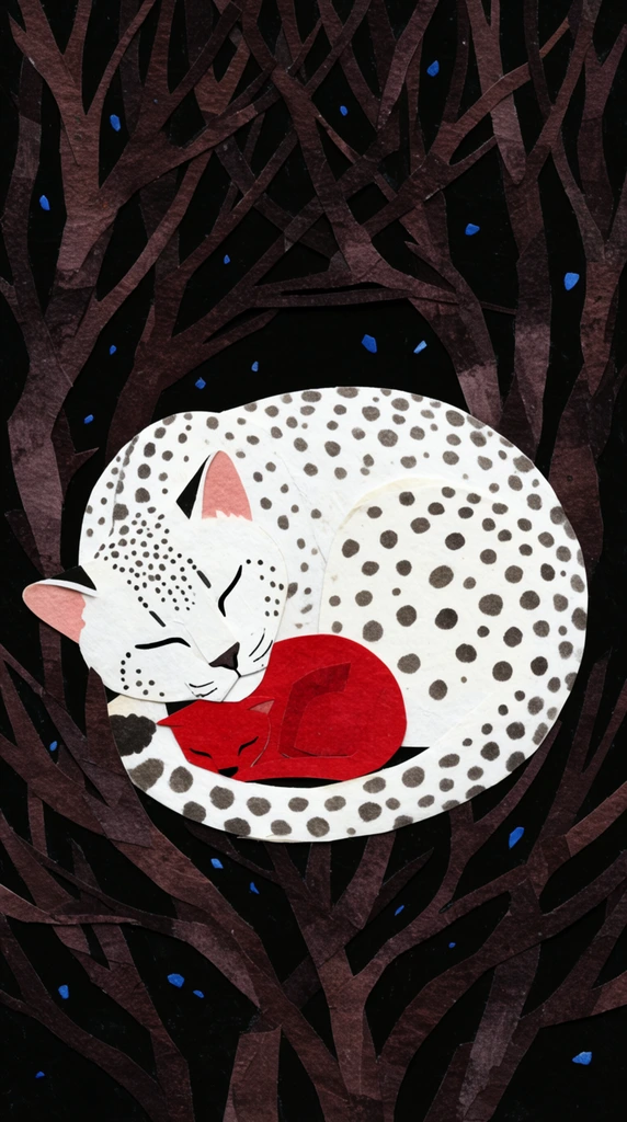 sleeping white spotted feline curled around a small red animal, dense dark brown intertwining branches, black background, scattered blue specks, textured paper cut-out illustration, flat composition