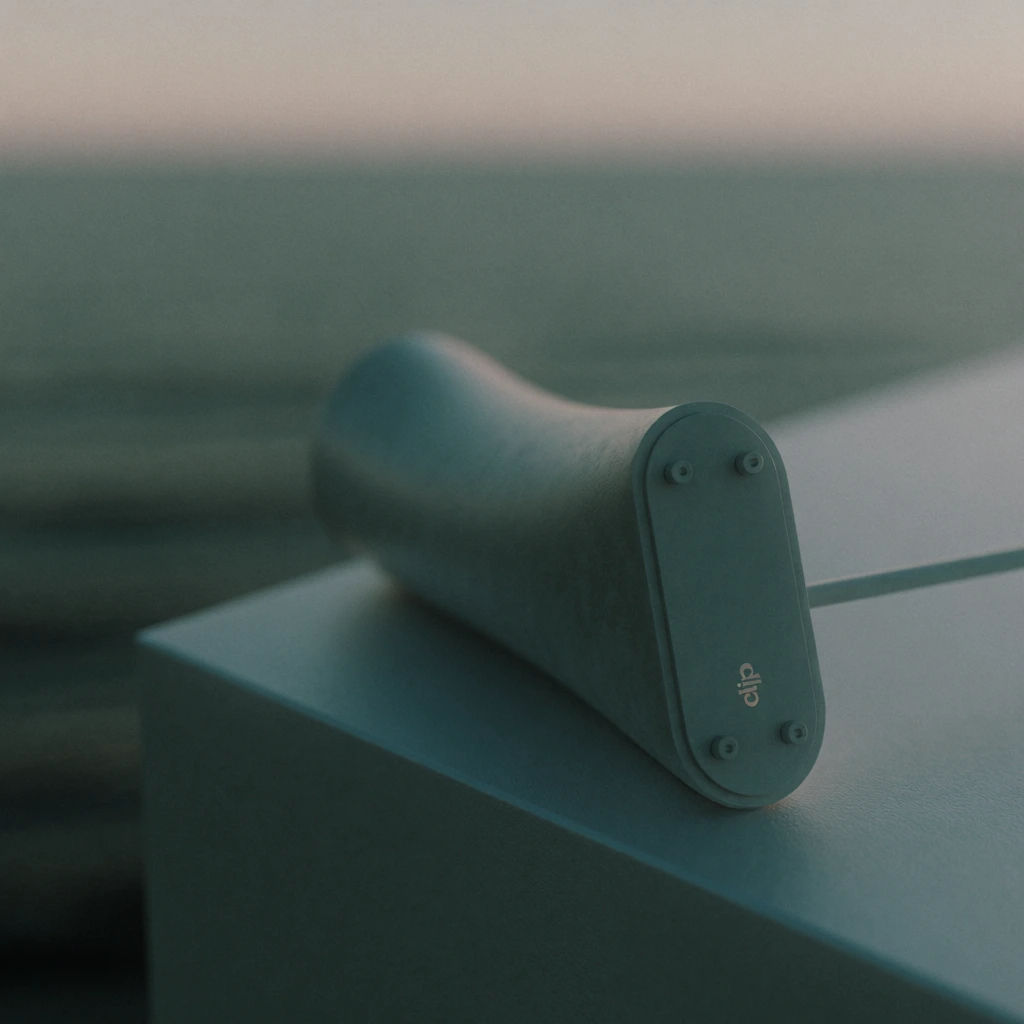 a thick cylindrical object resting on the corner of a flat surface, featuring an elongated oval faceplate on its front end with the word "clip" printed vertically at the bottom and a thin rod extending to the right, rendered in a moody desaturated teal and slate color grade, heavy cinematic film grain, ethereal soft-focus, diffused blue-hour lighting, low contrast, painterly textures, minimalist composition, vast negative space, quiet melancholic atmosphere
