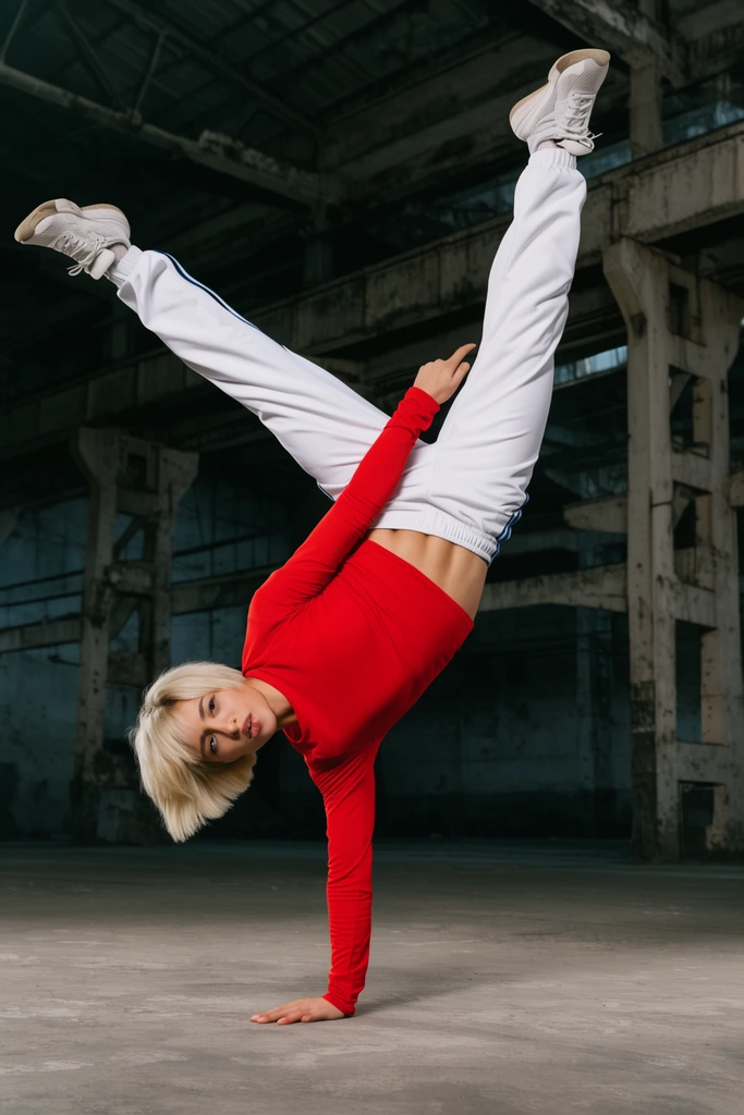 athletic woman with short blonde hair performing a dynamic one-handed handstand breakdance move, balancing on left arm with legs extended in a wide V-shape, wearing a red long-sleeved shirt, white athletic pants, intense expression looking at camera, smooth concrete floor, abandoned industrial warehouse setting, dramatic lighting, crisp focus, low angle full-body shot