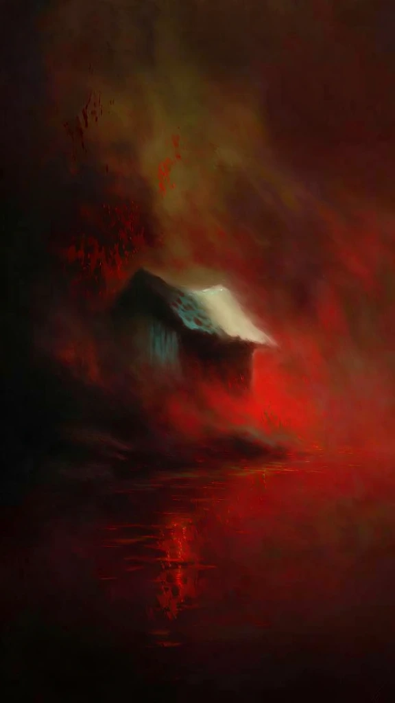a solitary wooden cabin on the edge of a deep crimson lake, shrouded in thick red atmospheric fog and dark umber shadows, painterly brushstrokes and ethereal lighting, high contrast chiaroscuro style, soft focus edges with ink-in-water diffusion effects, glowing embers reflecting in murky water, visceral and moody atmosphere, minimal composition with a central structure emerging from a hazy red abyss, dramatic highlights on the roofline, textured oil painting aesthetic.