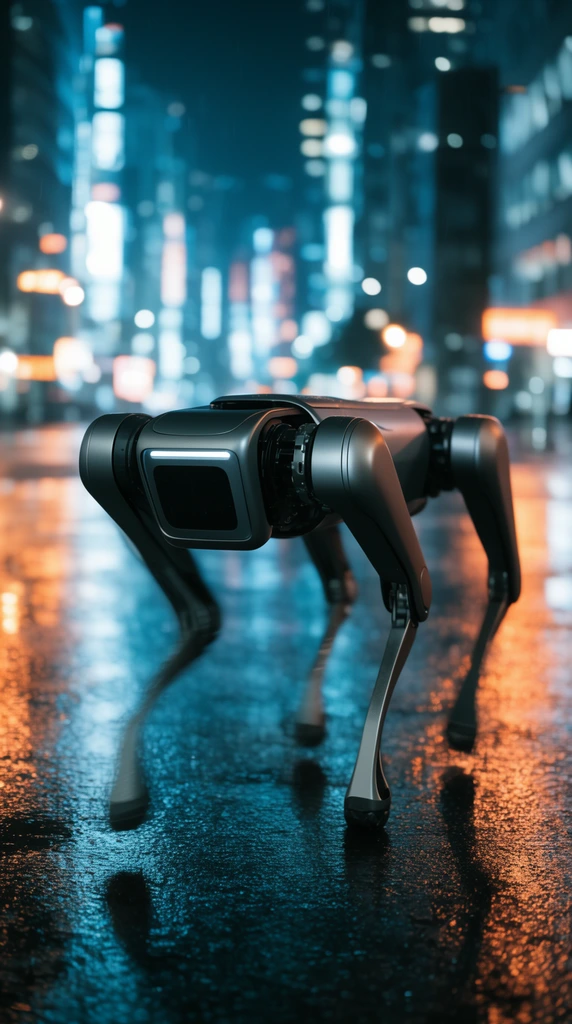 A sleek metallic quadruped robot strides across a wet city street at night. The mechanical dog has smooth dark grey casing and a flat front sensor visor, its moving legs blurred. A shallow depth of field reveals a futuristic cityscape glowing with bright neon cyan and orange lights reflecting off the glossy asphalt. Photorealistic cinematic lighting.