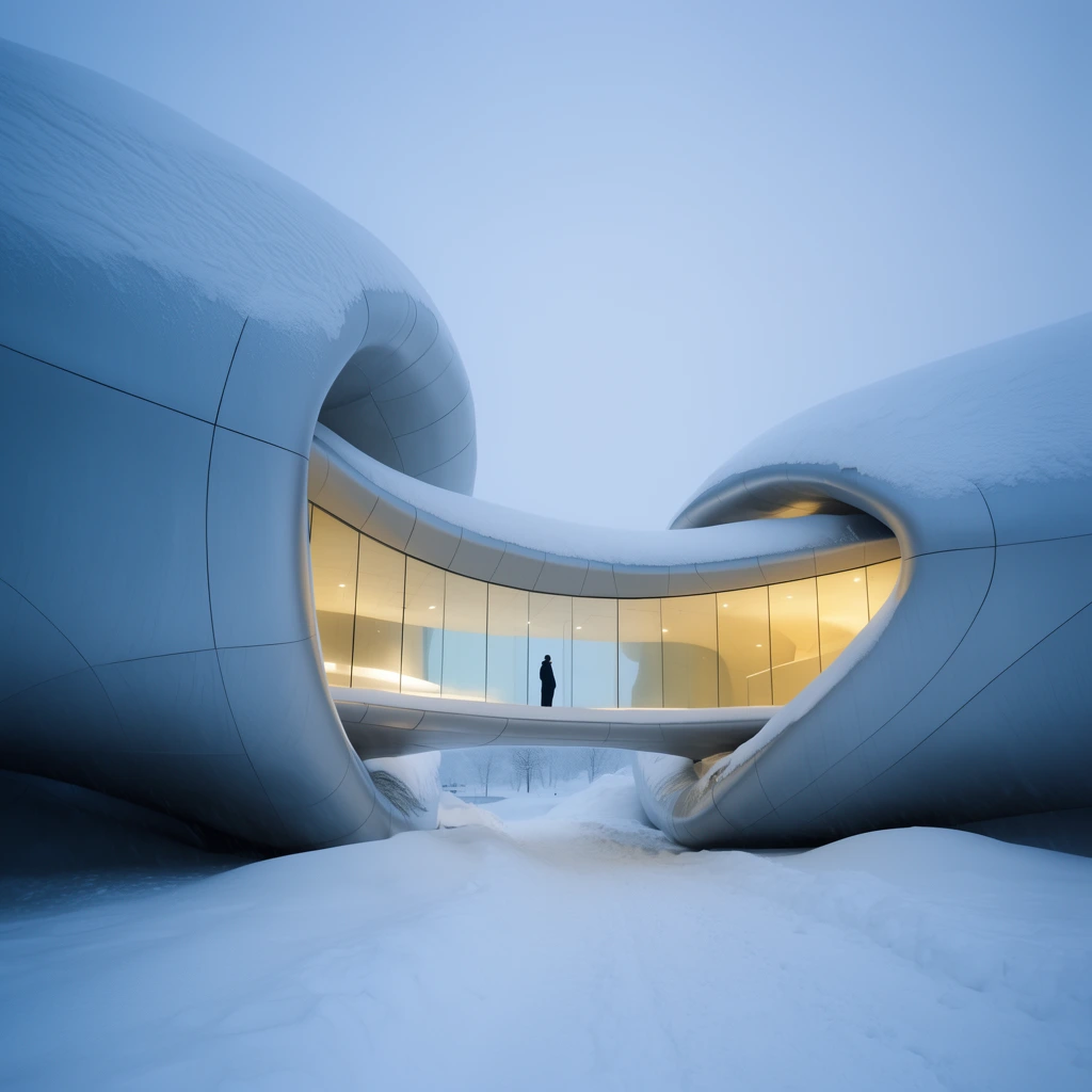 futuristic organic building covered in deep snow, illuminated glass walkway, single silhouetted figure inside, warm yellow interior glow, cold blue winter overcast environment, smooth curved exterior panels, minimalist architectural photography