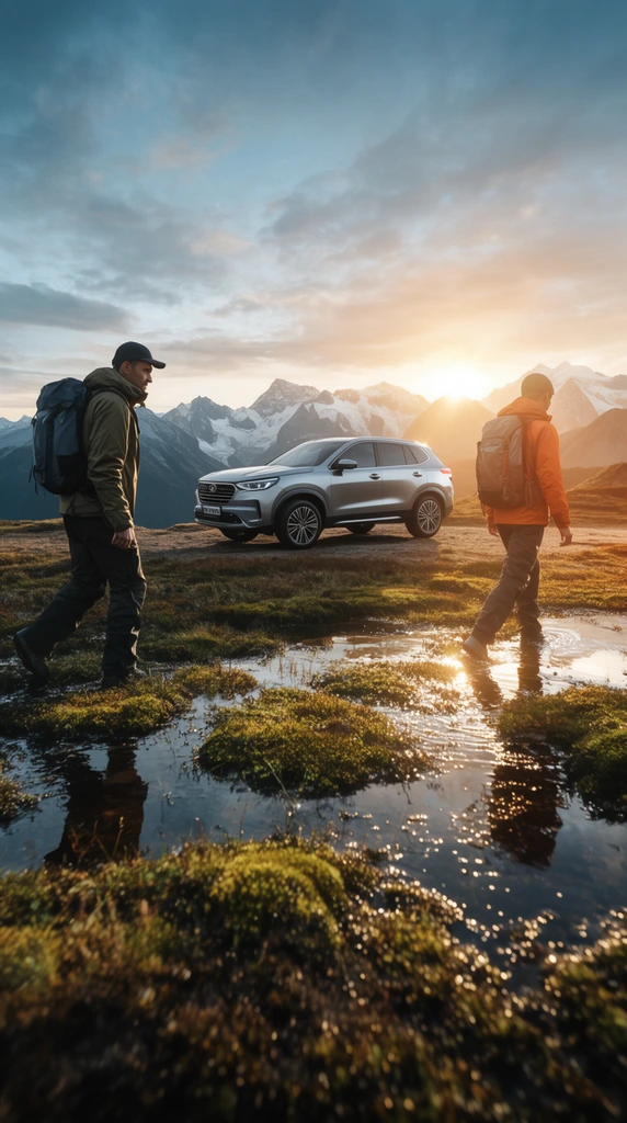 two hikers in rugged outdoor gear walking through a marshy alpine landscape, silver SUV parked on a dirt overlook behind them, distant snow-capped mountain peaks, warm golden hour sun breaking over the horizon with lens flare, extreme foreground featuring wet mossy earth and reflective water pools, cinematic commercial automotive photography, wide angle, high dynamic range, warm and cool color contrast