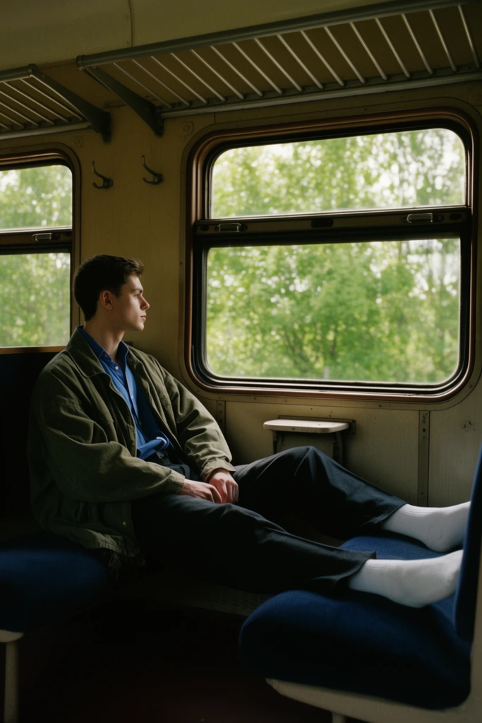 A young man sits in a vintage train carriage gazing out the window at bright green trees. He wears an oversized olive-green jacket, a blue shirt, dark trousers, and white socks, his legs casually stretched toward the opposite seat. The cabin features cream-colored walls, metal overhead luggage racks, and dark blue upholstered seats. Shot on analog film, natural cinematic daylight streams through the glass, illuminating his profile against the deep shadows of the moody interior and highlighting the rich contrast with the vibrant outdoor foliage.