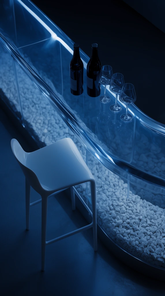 A sleek white minimalist bar stool sits beside a curved, transparent bar counter glowing with ambient blue light. The illuminated glass counter encloses textured white pebbles and holds two dark bottles and three stemmed glasses. Shot from a high angle, the cinematic architectural visualization emphasizes glossy reflections and a moody, monochromatic cool blue palette.