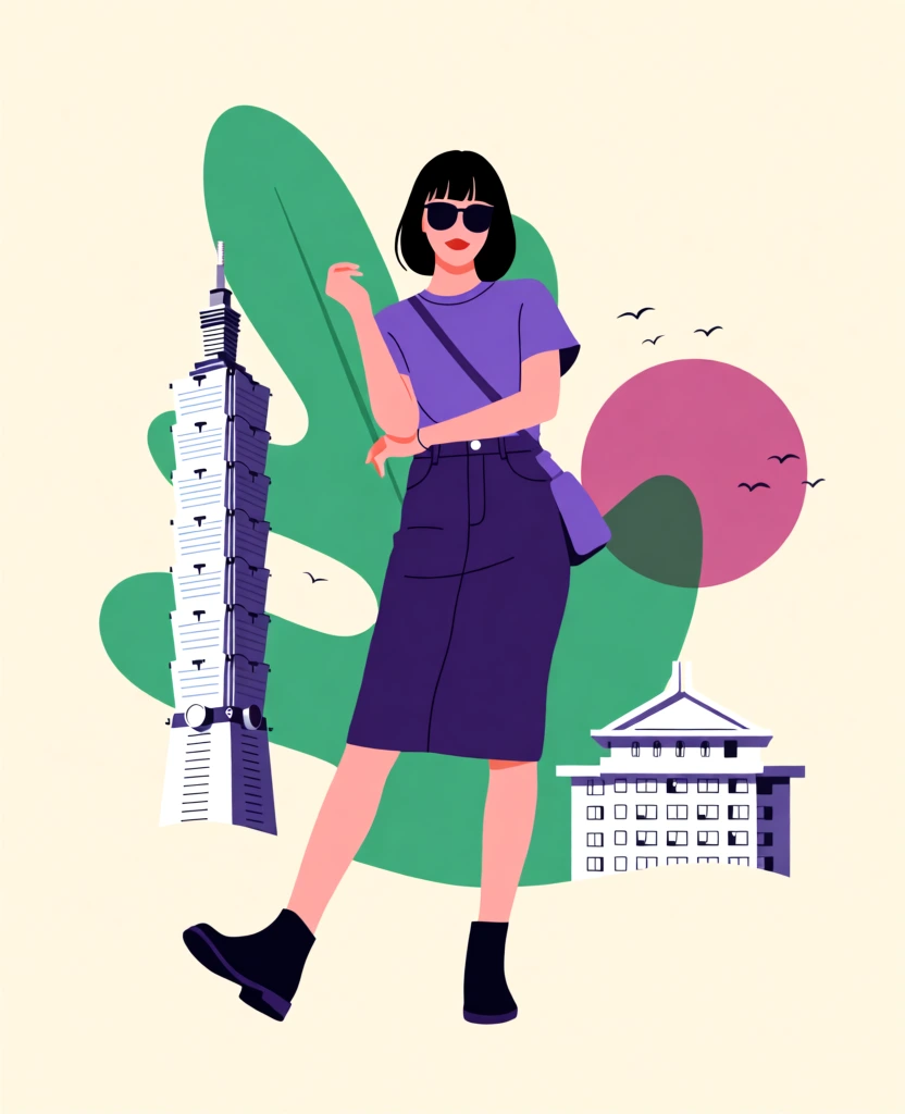 stylish woman with Taipei 101 and tropical leaves, flat illustration, bold modern travel poster vibe