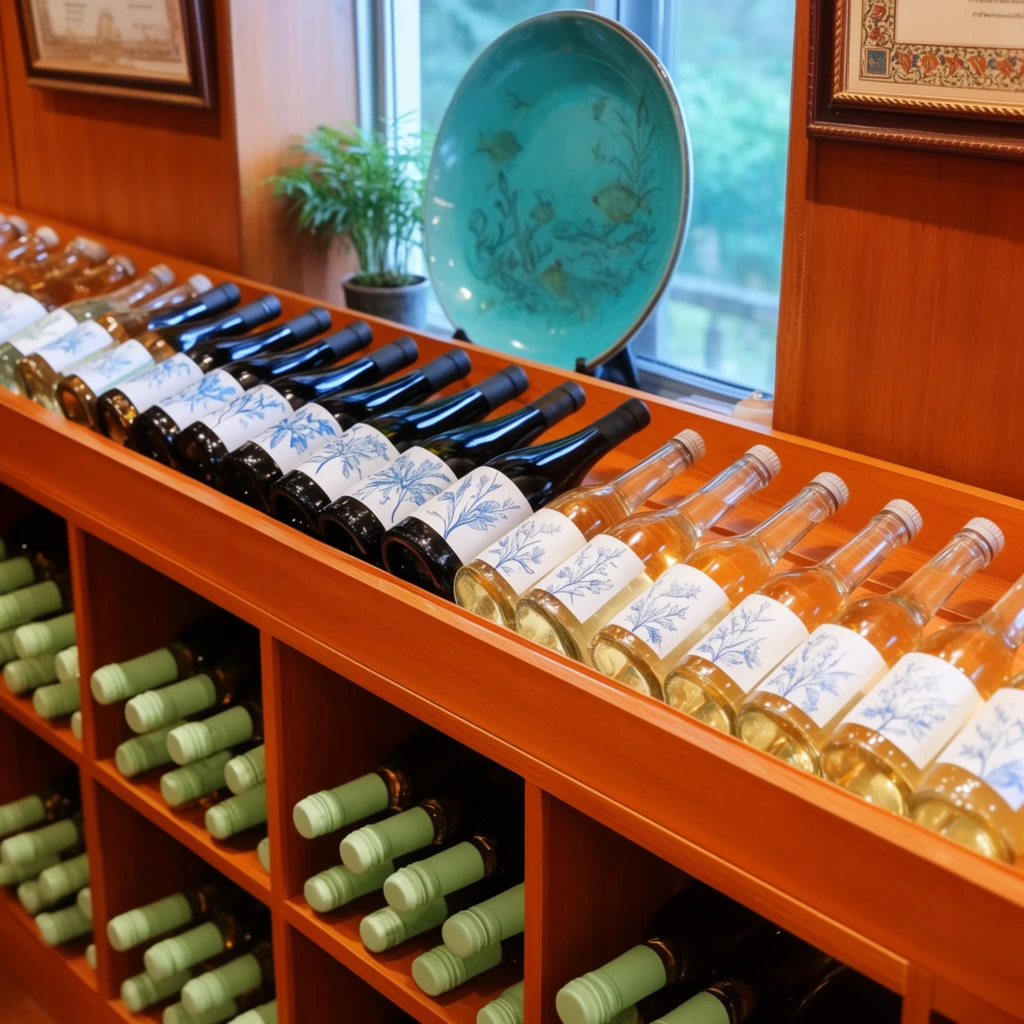 A warm wooden display shelf in a tasting room holds an organized arrangement of glass bottles. The top tier features a diagonal row of dark glass bottles lying horizontally beside clear bottles filled with pale amber liquid, all featuring white labels decorated with delicate blue botanical illustrations. Below, square cubbies are packed with horizontally stacked bottles with pale green foil capsules pointing outward. Behind the display, a large turquoise ceramic plate with a faded aquatic motif leans against a window framing diffused daylight and outdoor greenery. A small potted plant sits on the sill, while framed documents with intricate borders hang above against wood-paneled walls. The slight high-angle perspective captures glossy glass reflections, rich orange-brown wood tones, and a harmonious contrast between cozy interior lighting and cool natural window light.