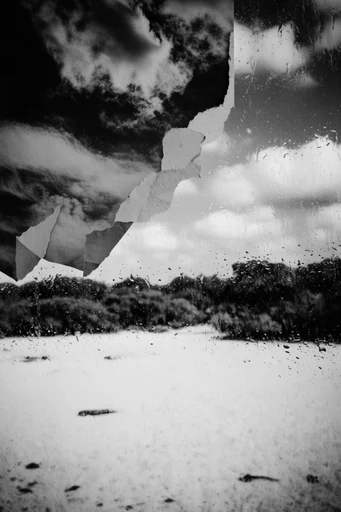 Tactile Noir Deconstruction style reference image — torn paper collage