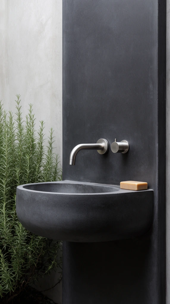 A minimalist dark charcoal concrete basin with soft rounded edges fixed to a matching vertical wall panel. A sleek brushed stainless steel wall-mounted faucet and single cylindrical knob sit above the bowl. A tan soap bar rests on the right rim. To the left, a lush green rosemary bush provides organic contrast against a pale grey textured wall. Soft, diffused daylight emphasizes matte industrial textures and clean architectural lines in this straight-on, eye-level composition.