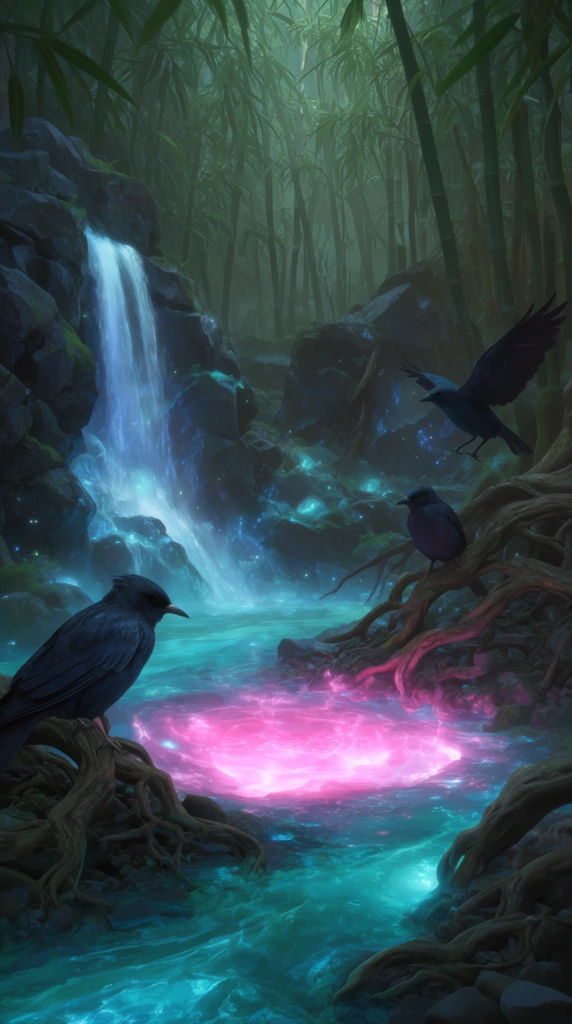 mystical bioluminescent forest, glowing pink energy pool in a turquoise stream, dark birds perched on gnarled roots, rocky waterfall, dense bamboo background, 3D fantasy concept art