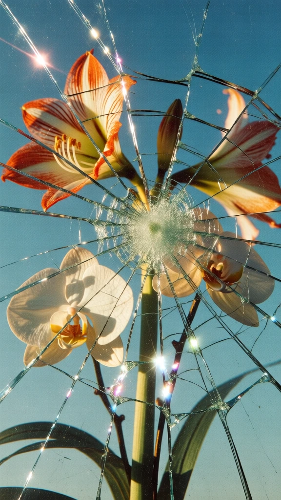 vertical arrangement of a bold amaryllis, orchids, and a lily seen through a shattered pane of glass, centered impact point with a dense spiderweb crack pattern obscuring the blooms, harsh direct sunlight creating brilliant lens flares and crystalline glints, clear cerulean sky background, heavy analog film grain, 35mm aesthetic, warm golden hour lighting, raw composition, sharp focus on the intricate glass fractures layered over the vibrant floral subjects