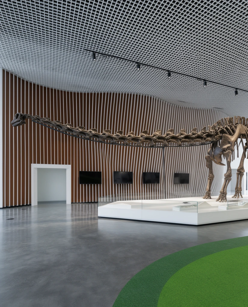 A massive sauropod dinosaur skeleton stretches across a sleek modern museum hall. The long-necked fossil stands on an angular white platform with glass display cases, its neck reaching over a simple white doorway. Behind the bones, an undulating wall features vertical white slats set against warm brown paneling and four dark rectangular monitors. The space is capped by a white open-grid ceiling with suspended black track lights. Polished gray concrete flooring reflects the even, diffuse light, bordered by a curve of bright green carpet in the lower right. The wide-angle composition captures the immense horizontal scale of the skeleton within the contemporary architectural geometry.