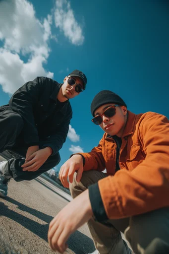 Dynamic Wormseye Streetwear style reference image — extreme low-angle shot