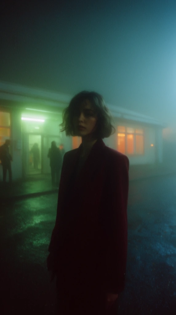 woman in dark shadowy foreground wearing a burgundy blazer, short wavy hair, dense cyan and teal fog enveloping the scene, glowing single-story building in background with harsh green fluorescent light and warm orange windows, faint silhouettes of figures near the entrance, dark wet pavement, cinematic night photography, heavy film grain, moody atmospheric lighting, ethereal soft focus