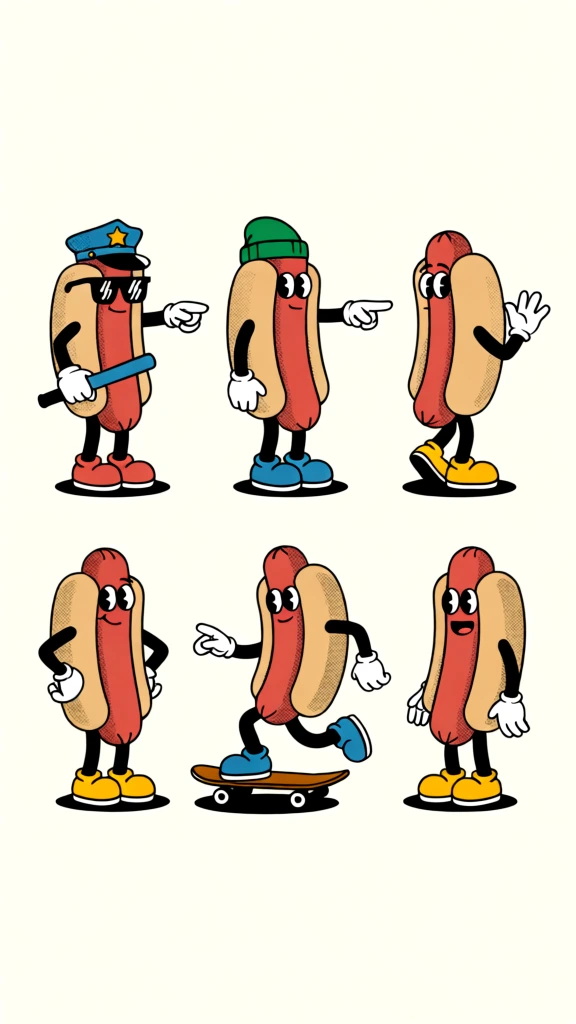 Six anthropomorphic hot dog characters are illustrated in various dynamic poses against an off-white background in a vintage cartoon style. Arranged in two rows of three, each hot dog is depicted with a tan bun, a red sausage, thin black limbs, and white-gloved hands. In the top left, a hot dog dressed as a police officer wears a blue peaked cap with a gold star and black sunglasses, holding a blue baton while pointing forward in red sneakers. The top middle character appears surprised, wearing a green beanie with wide eyes and an open mouth, pointing to the right in blue shoes. To the top right, a hot dog looks over its shoulder while waving one hand in the air, wearing yellow shoes. In the bottom row, the left character stands confidently with hands on its hips and a wide grin in yellow shoes. The bottom middle hot dog rides a brown skateboard with black wheels, balancing on its front blue-shoed foot while the back leg kicks out to suggest motion. The final character on the bottom right stands cheerfully with a large smile and hands at its waist in yellow shoes. The illustration features a retro aesthetic with thick black outlines, a muted color palette, and halftone dot patterns used for shading and texture. Each character is grounded by a small, dark oval shadow on the solid cream-colored backdrop.