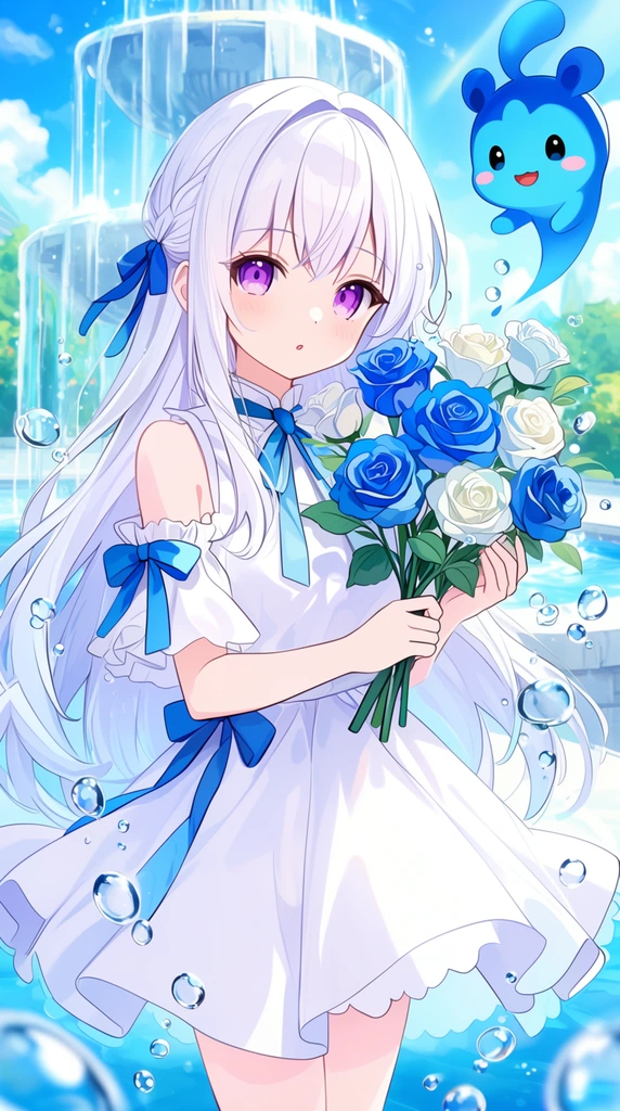 Anime girl with white hair and purple eyes in a white dress with blue ribbons. She holds blue and white roses with water bubbles. A blue floating creature smiles beside her against a sunny fountain backdrop. Vibrant digital art.