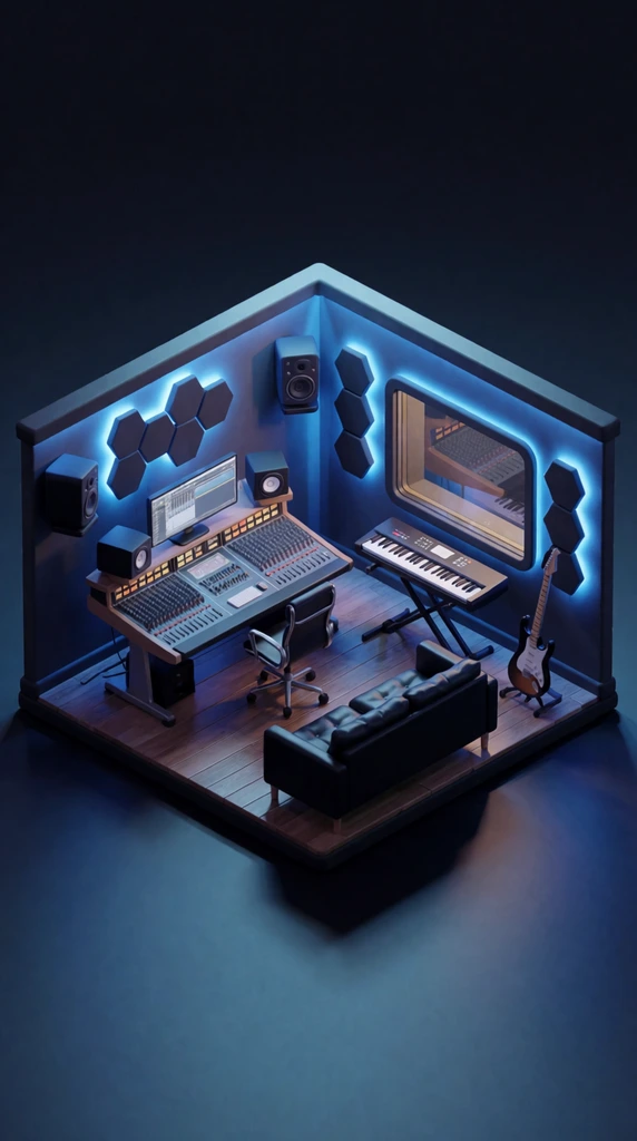 An isometric 3D miniature diorama of a sleek music production studio bathed in cool blue ambient lighting. A central desk holds a large audio mixing console and a wide monitor, accompanied by a black office chair. A black leather sofa sits on a planked wood floor in the foreground. A white electric guitar stands near a digital keyboard beneath an interior studio window. Hexagonal acoustic panels with glowing blue backlighting and elevated studio speakers decorate the dark grey walls, emphasizing the polished digital rendering style.