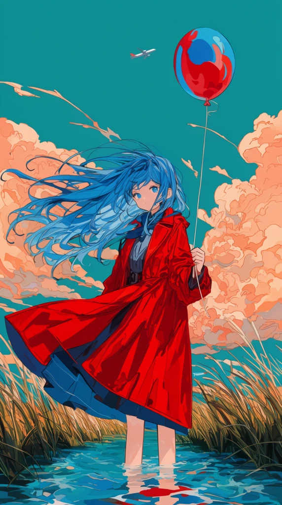 Anime illustration of a blue-haired girl in a billowing red coat standing in shallow water and tall grass. She holds a red and blue balloon. Strong winds whip her hair against a vibrant teal sky filled with stylized peach clouds and a tiny distant airplane.