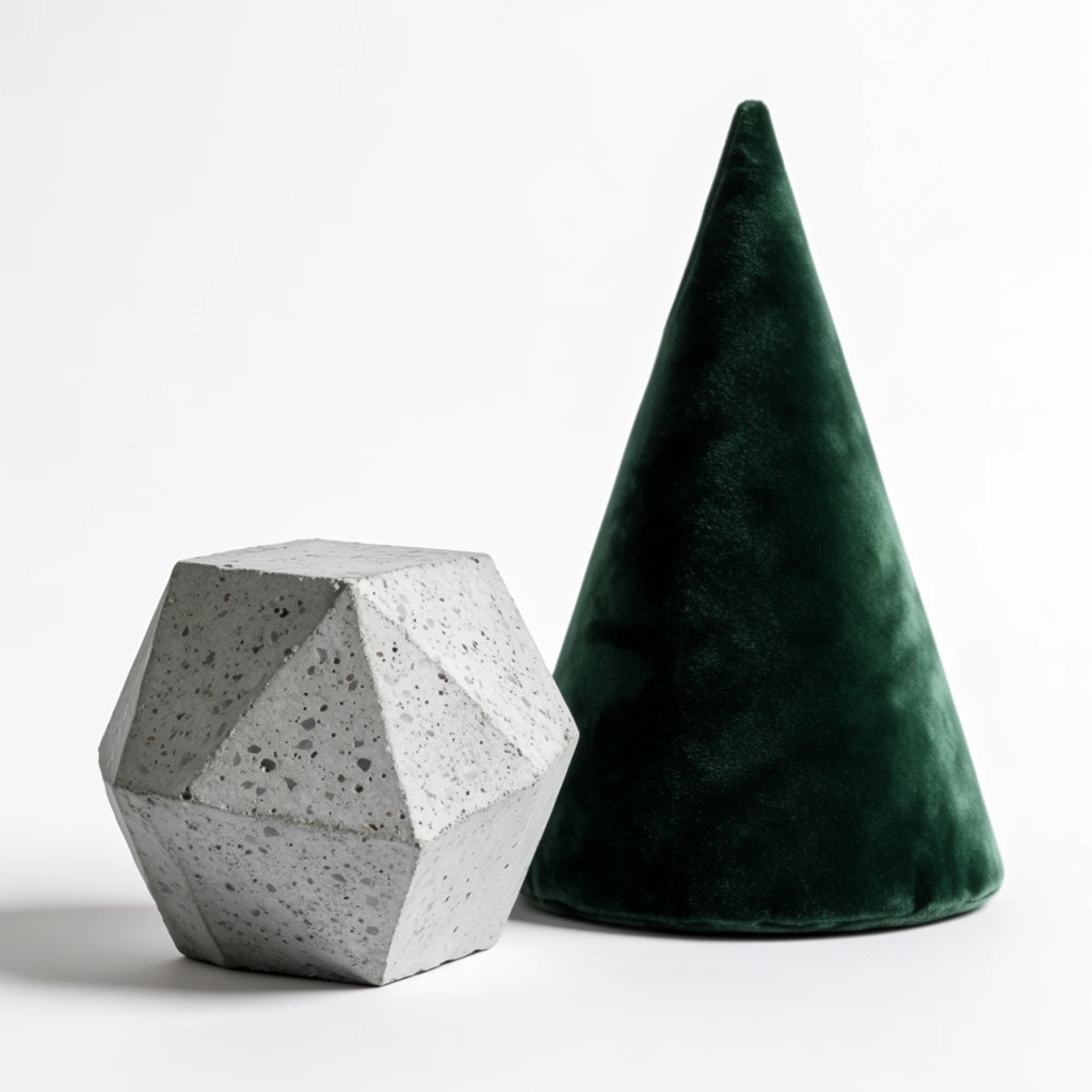 A minimalist still life featuring two textured geometric solids on a seamless white studio backdrop. On the left rests a multifaceted polyhedron crafted from light grey, speckled concrete with a porous, terrazzo-like finish. To its right stands a tall cone upholstered in deep forest green velvet, catching soft, diffuse highlights that emphasize its plush nap. Directional lighting from the right casts smooth shadows to the left, highlighting the stark material contrast between the rigid, faceted stone and the light-absorbing textile. The high-key lighting environment isolates the objects in an infinite pristine white void, creating a highly tactile composition.