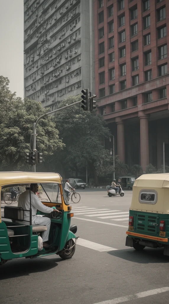 Urban intersection, green and yellow auto-rickshaw in left foreground, driver in white clothing gripping handlebars, back of a second auto-rickshaw on the right, cyclist and scooter rider navigating the middle ground, white crosswalk lines on asphalt, overhead traffic lights, dense green street trees, towering concrete buildings, grey building packed with air conditioners, adjacent reddish-brown building with large lower columns, hazy daylight, muted desaturated color palette, realistic street photography